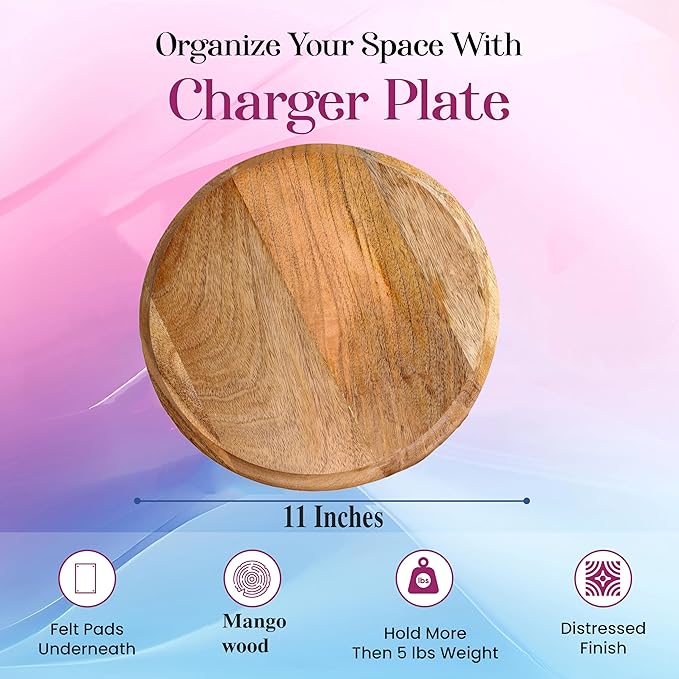 Alpha Living Home Round Wood Chargers Plates 11 Inch Natural Wood Charger Plates Set of 4 - Serving Plates for Dinner, Wedding, Tabletop Decor, Holiday, Party, Baby Shower, Event Decoration (Natural)