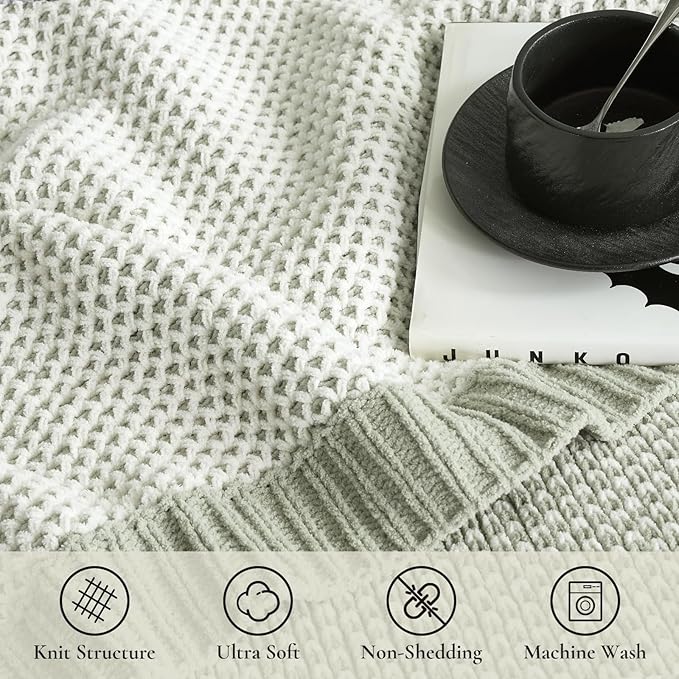 Amélie Home Honeycomb Knit Throw Blanket for Couch, Dual-Sided Soft Chenille Decorative Blankets for Sofa & Chair, 50"x60", Sage Green & White