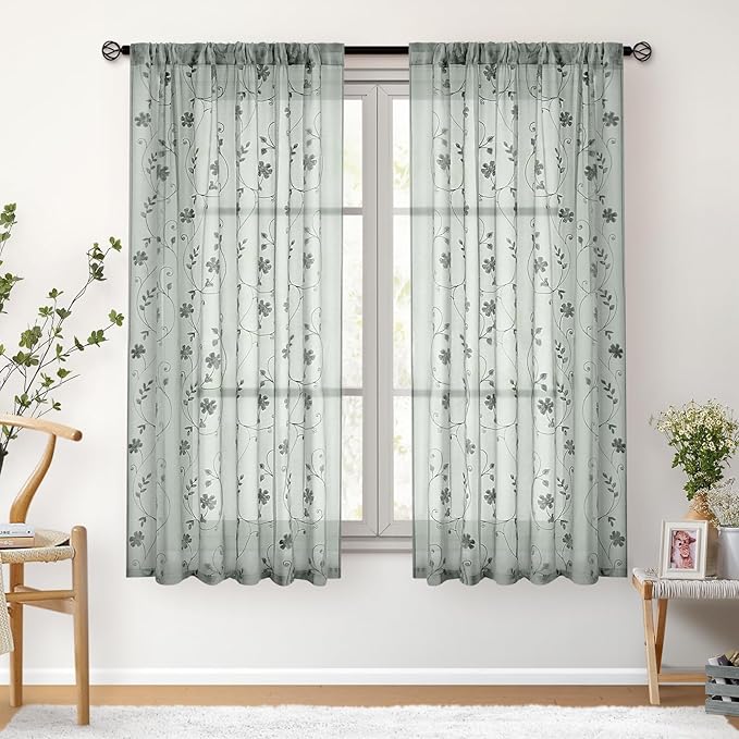 HOMEIDEAS Sage Green Sheer Curtains 63 Inches Length 2 Panels Embroidered Floral Pattern Semi Sheer Window Curtains for Bedroom Living Room