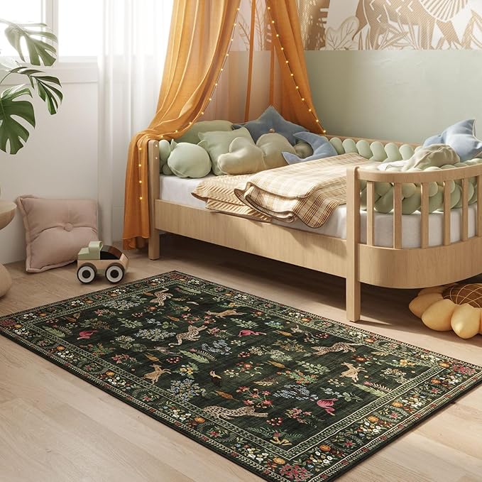 Rugcomf Bedroom Rug 3x5 Rug Washable Area Rug Non Slip Low Pile Boho Floral Animal Small Carpet for Bedroom, Bedside, Kitchen, Entryway, Kids Room, Office, College Dorm Essentials for Girls (Green)