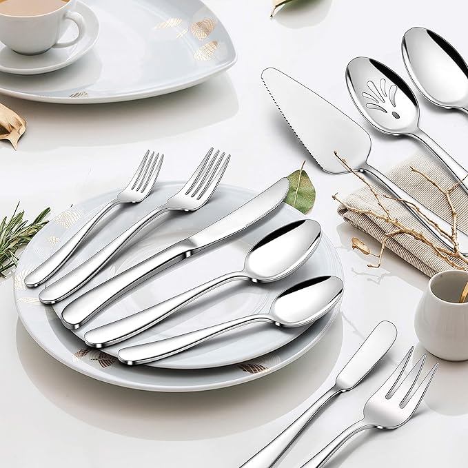 Herogo Heavy Duty Silverware Set with Serving Utensils, 65-Piece Stainless Steel Heavy Weight Modern Flatware Set for 12, Fancy Cutlery for Home Wedding, Dishwasher Safe, Mirror Finished