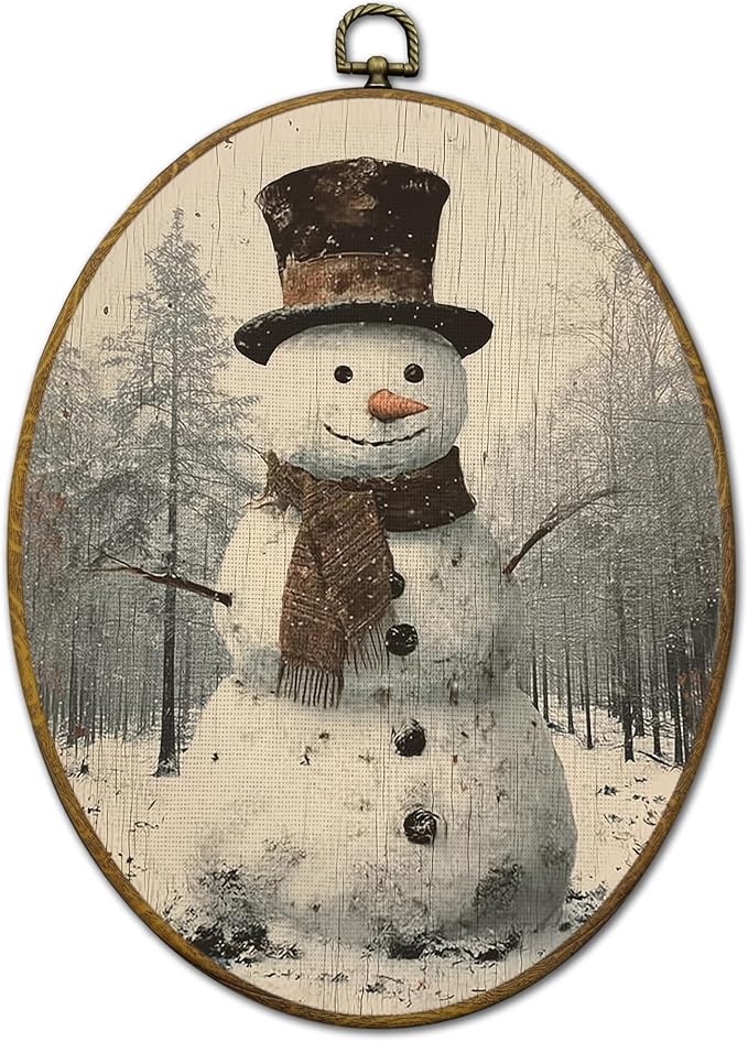 QZQE Vintage Christmas Snowman Oval Wall Art Decor Framed, Winter Christmas Oval Canvas Prints, Rustic Farmhouse Winter Xmas Snowman Wall Hanging Decor for Home Bedroom Living Room, 8.6x11.4 Inch