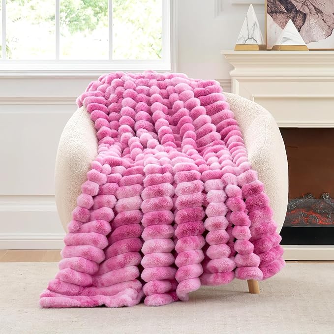 Cozy Bliss Faux Fur Throw Blanket for Couch, Cozy Warm Plush Striped Blanket for Sofa Bedroom Living Room, 50 * 60 Inches Tie-dye Pink