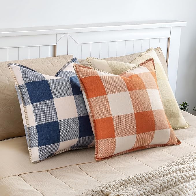 decorUhome Christmas Buffalo Plaid Check Throw Pillow Covers 22x22 Set of 2, Outdoor Linen Decorative Farmhouse Gingham Pillow Covers with Stitched Edge for Bed Couch Sofa, Cream White and Beige