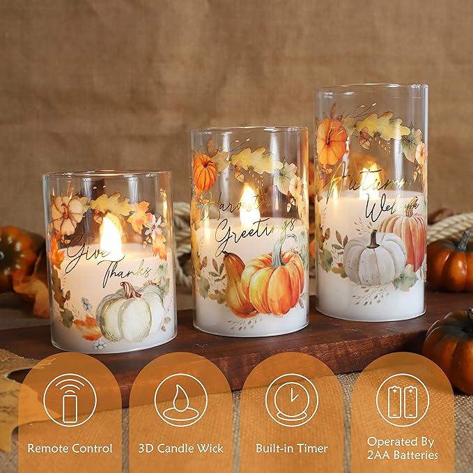 Fall Flameless LED Candles with Remote Timer Set of 3 Warm Lights DIM Home Decor Battery Operated Pumpkin Maple Leaves Painting Harvest Ornament Autumn Thanksgiving