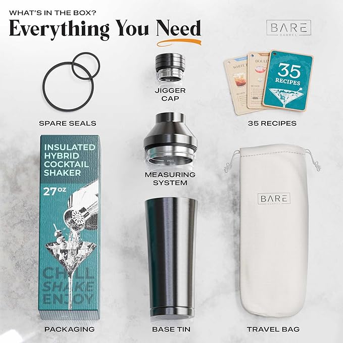 Insulated Cocktail Shaker Set | Double Wall Stainless Steel | Martini Shaker for Home Bar Bartending | Built-in Drink Measurement System & Strainer, Travel Bag, 35 Recipes | Gift Set (Slate Gray)