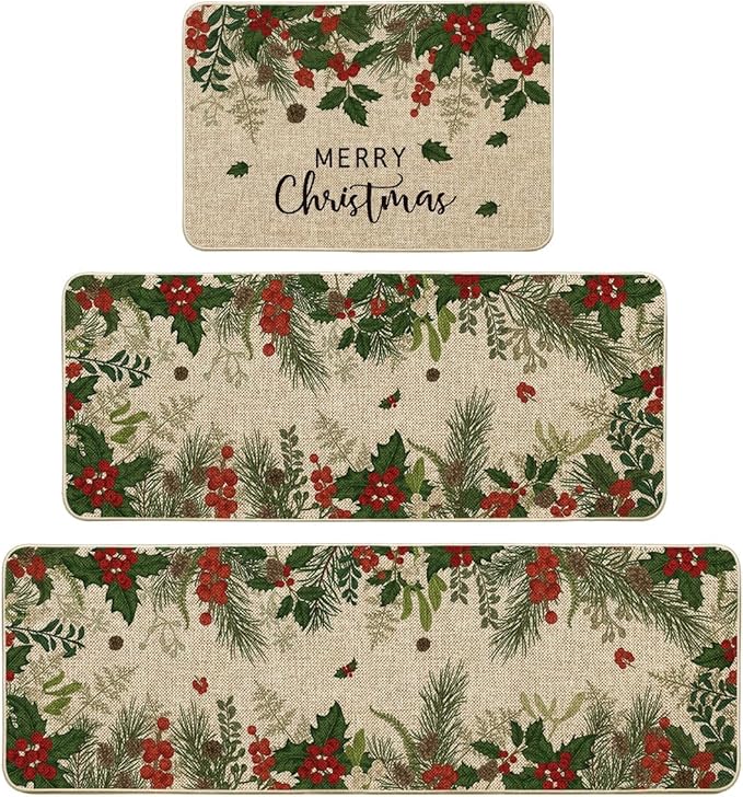 Artoid Mode Leaves Holly Merry Christmas Kitchen Mats Set of 2, Winter Home Decor Low-Profile Kitchen Rugs for Floor - 24"x36"+24"x59"+24"x72"