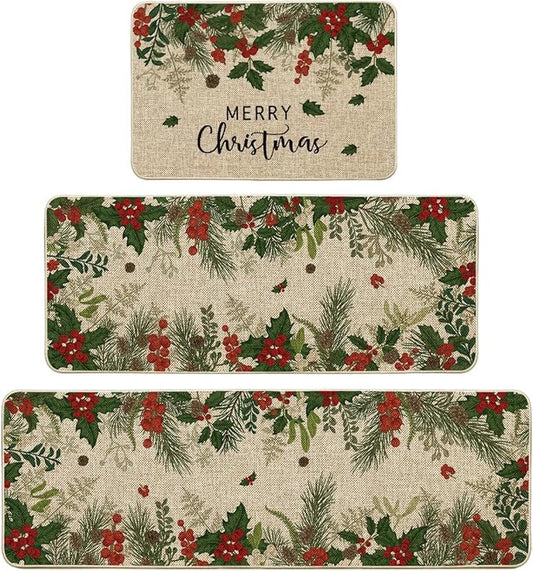 Artoid Mode Leaves Holly Merry Christmas Kitchen Mats Set of 2, Winter Home Decor Low-Profile Kitchen Rugs for Floor - 24"x36"+24"x59"+24"x72"