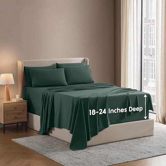 Nestl Extra Deep Split King Sheet Set - 7 Piece Breathable & Cooling Sheets - Hotel Luxury Bedding Set w/18-24 Inch Deep Pockets - Easy & Secure Fit - Super Soft, Wrinkle Free & Comfy - Forest Green