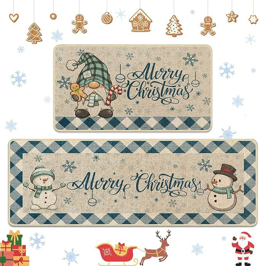 Christmas Snowflake Gnome Kitchen Rugs and Mats Non Skid Washable Set of 2, Winter Snowman Xmas Kitchen Mats for Floor Decor