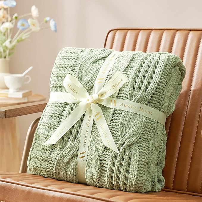 Amélie Home Chunky Knit Chenille Throw Blanket, Dual-Sided Soft Chenille Breathable Cable Knitted Blanket for Couch, Farmhouse Decorative Throw for Sofa & Chair, 60"x80", Sage Green