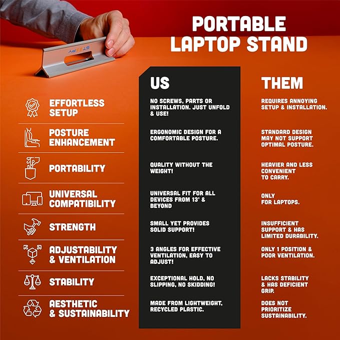Steepy Portable Laptop Stand for Desk – Adjustable Height, & Portable Laptop Holder – Ergonomic Computer Stand for Cooling & Comfort – Slip-Proof, Sturdy Design – Universal Fit for 13-17 Inch Devices