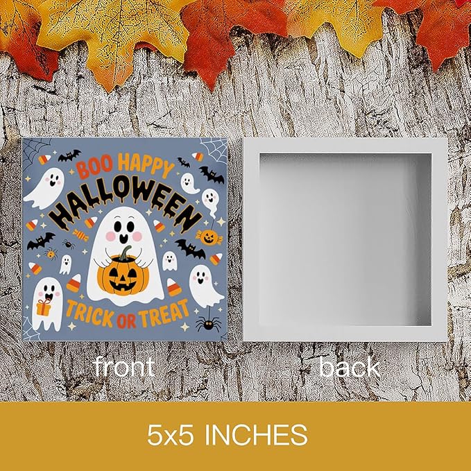 HTBIG Halloween Cute Ghost Boo Happy Hahalloween Trick OR Treat Wooden Box Sign Office Decor Room Decor Suitable family Computer Desk Dressing Table 5 x 5 Inch