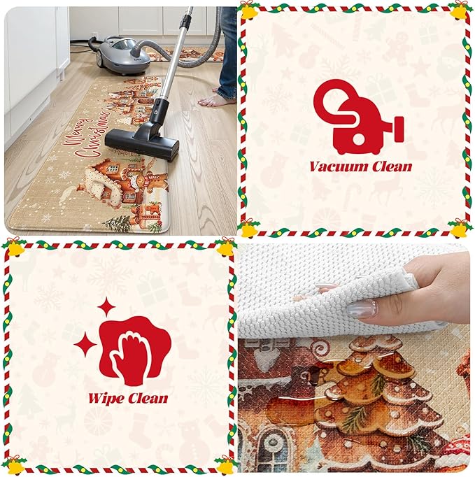 Merry Christmas Kitchen Mats for Floor, Xmas Gingerbread House Cushioned Anti Fatigue Kitchen Rugs 2 Piece, Non Slip Comfort Standing Rug Waterproof Sink Mat for Desk Laundry Office, Light Khaki