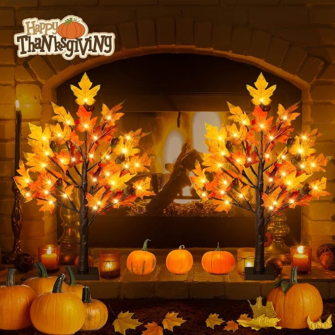 2Pack Fall Lighted Maple Tree - 2FT 36 LED Thanksgiving Decor Artificial Fall Lights, Battery Operated Tabletop Lamp with 6 Acorns, 6-Hours Timer, for Wedding Party Indoor Outdoor Autumn Decor…