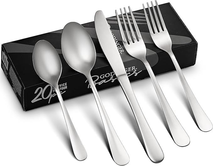 Godinger Silverware Set, Flatware Set, Matte Finish Stainless Steel Cutlery Silverware Flatware Sets, 20 Piece Set, Service for 4