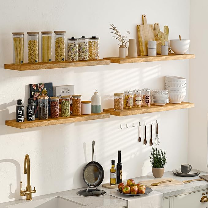 Fun Memories Floating Shelves for Wall Decor, 8" Deep Rustic Solid Elm Wood Floating Shelves Wall Mounted, Heavy-Duty Shelf with Invisible Bracket for Living Room Kitchen, 36 Inch Set of 2, Natural