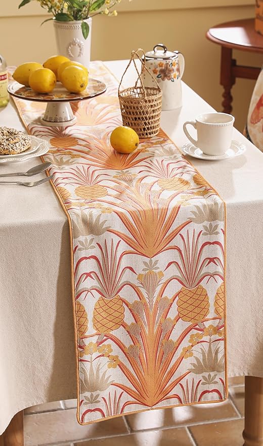 patdrea Designer Tropical Linen Table Runner 102 Inch Long, Yellow Vintage Elegant with Pineapple Pattern Table Mat,Decoration for Kitchen Dining Coffee Table Cover Banquet Christmas , 12"*102"