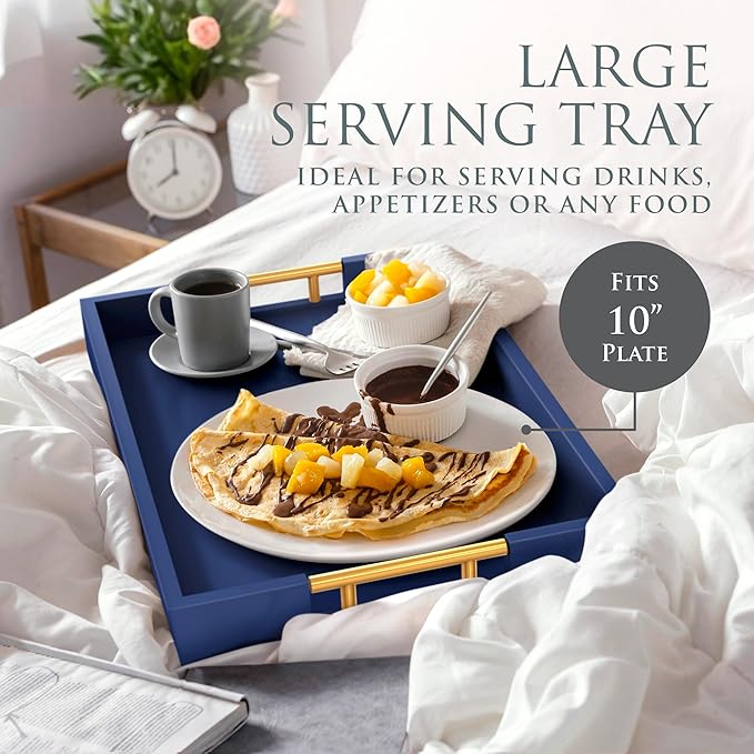 Wood Serving Tray with Gold Polished Metal Handles, Home Decorative Wooden Rectangle Ottoman Decor Platter Bathroom Vanity Tray for All Occasions Gloss Finish, 16"x12", Navy Blue