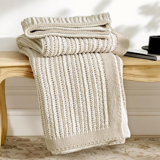 Amélie Home Striped Knit Throw Blanket for Couch, Dual-Sided Soft Chenille Decorative Blankets for Sofa & Chair, 50"x60", Khaki & White