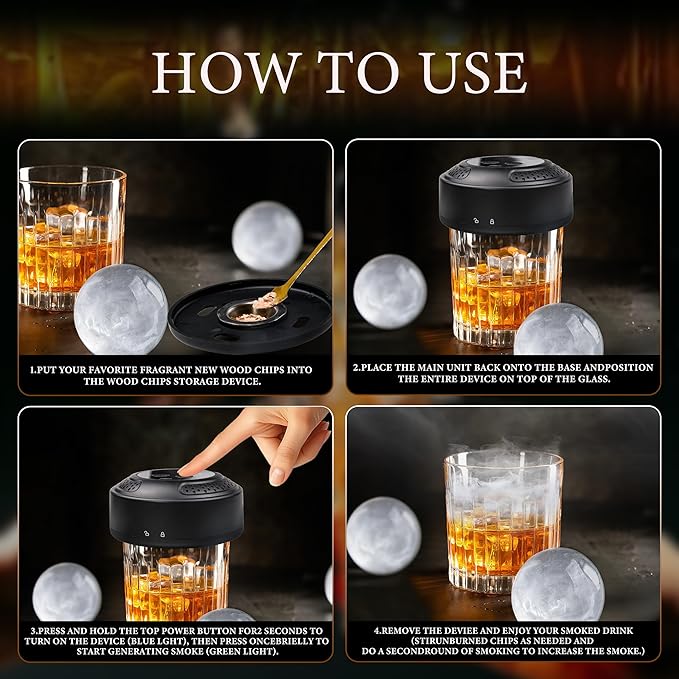 Rechargeable Cocktail Smoker Kit with Wood Chips, Electric Whiskey Smoker with Built-in Lighter, Old Fashioned Drink Smoker (Electric + Lighting Feature)