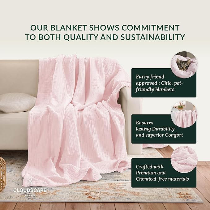 Cloud Scape Linen Extra Large 4 Layer Muslin Throw Blanket - 100% Cotton Gauze, Lightweight & Breathable All Season, Pre-Washed, for Couch & Bed, 50x70, Seashell Pink