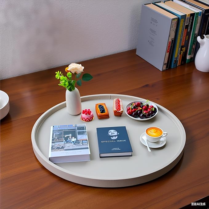 30-inch Round Ottoman Serving Tray - Textured PU Leather Coffee Table Decor, Waterproof Heat-Resistant Large Organizer for Home, Office, Bed & Party Essentials (Tranquil Beige, 30)