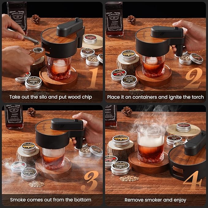 Premium Whiskey Smoker Kit with Torch, 6 Flavors Wood Chips, 2 Glasses, 2 Ice Ball Molds, Old Fashioned Drink Cocktail Smoker Kit, Birthday Bourbon Gifts for Men, Dad, Husband, Black&Brown (NO Butane)