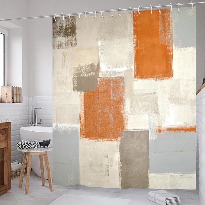 Orange and Grey Shower Curtain Abstract Painting Modern Shower Curtains for Bathroom Waterproof Polyester Fabric Bathroom Curtain 72 x 72 Inch with 12 Plastic Hooks