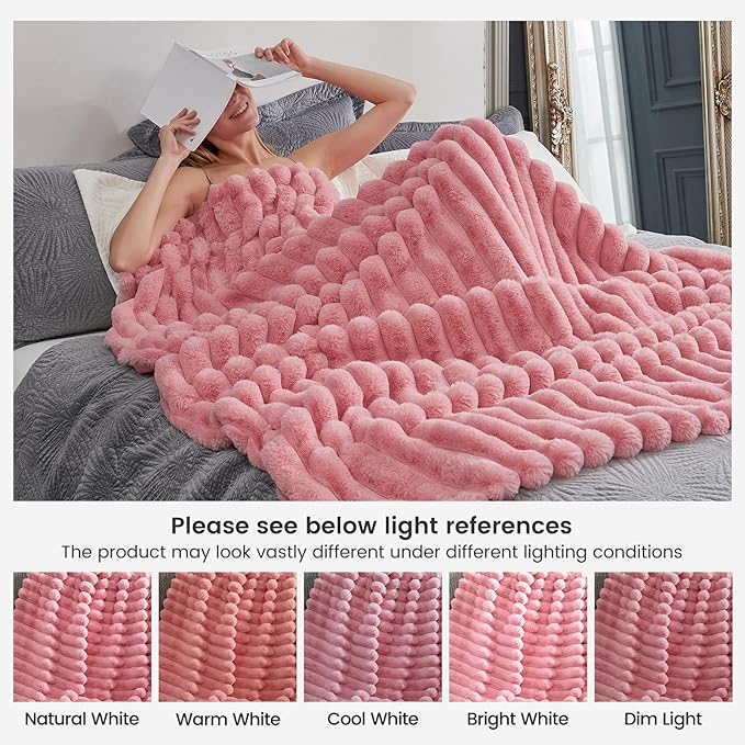 Cozy Bliss Faux Fur Throw Blanket for Couch, Cozy Warm Plush Striped Blanket for Sofa Bedroom Living Room, 60 * 80 Inches Hot Pink