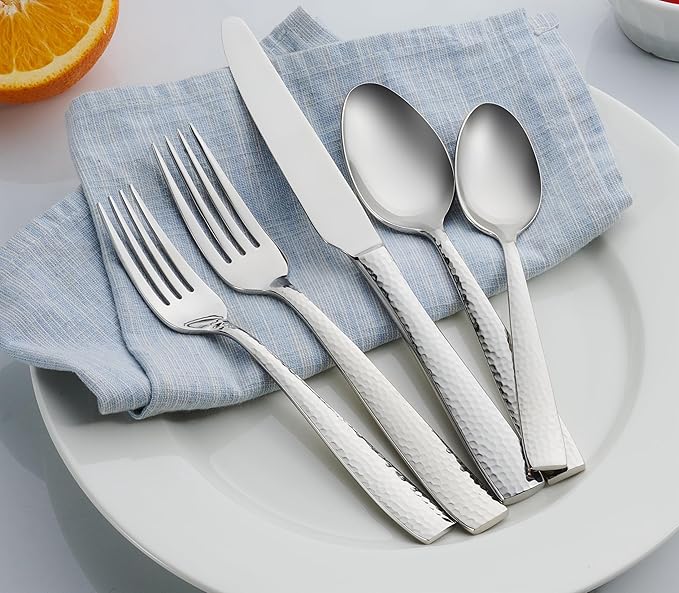 Hudson Essentials 60-Piece Hammered 18/10 Stainless Steel Silverware Cutlery Set, Flatware Service for 12