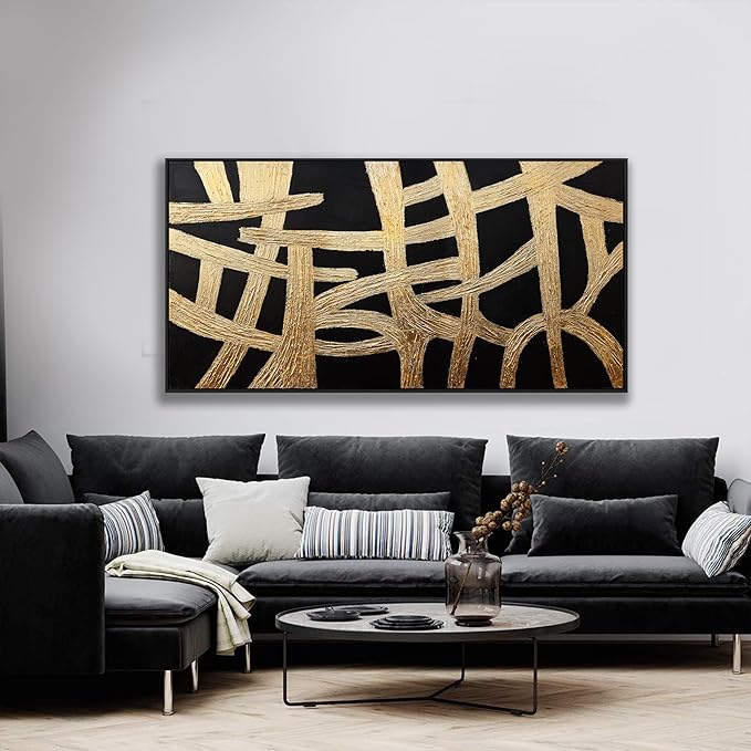 Abstract Wall Art Small Size Black And Gold Lines Texture Artwork Framed Home Decoration Artwork Decor Modern Minimalist Canvas Painting Living Room Decor For Bedroom Office Wall Decor 20"X40"