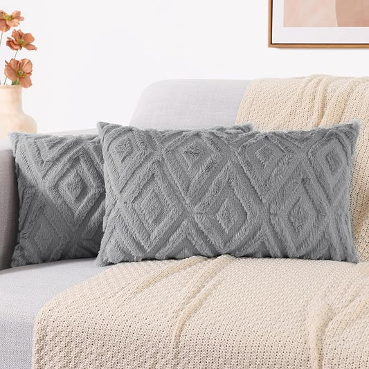 decorUhome Couch Throw Pillow Covers 12x20 Set of 2, Decorative Soft Plush Faux Wool Lumbar Neutral Accent Pillow Covers for Bed Sofa Living Room, Grey