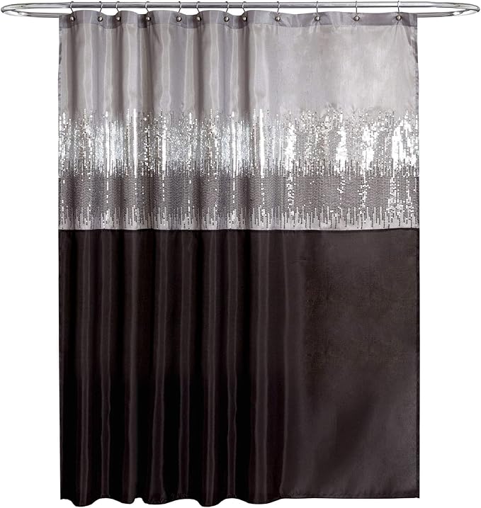 Lush Decor Night Sky Shower Curtain, Single, 72" W x 72" L, Black & Gray - Sequin Shower Curtain - Sparkly Color Block Bath Curtain - Modern Glam Bathroom Decor