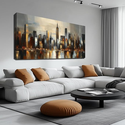 GUGIKA City Wall Art for Living Room, Gold and Grey Wall-Decor for Bedroom, Modern Cityscape Poster Canvas Print, Size 59 x 29 Inches