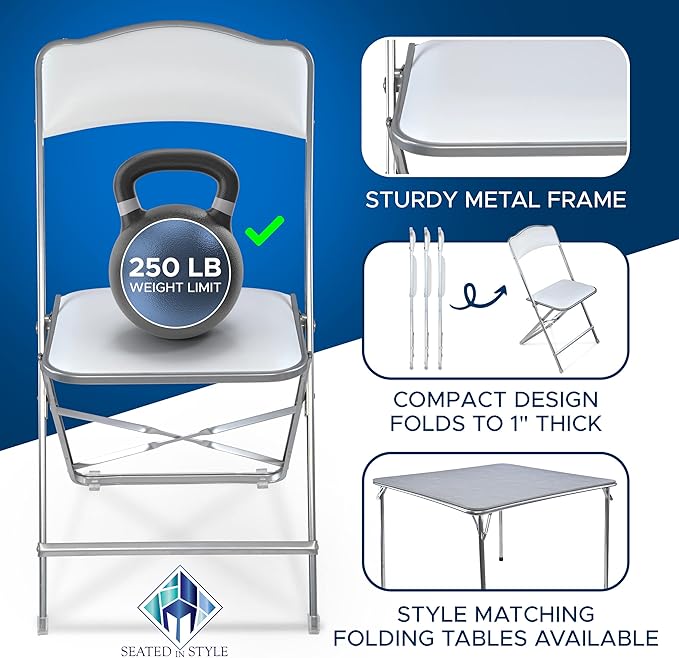 Folding Chairs with Padded Seats 4 Pack - Foldable Chair with Heavy-Duty Steel Frame, Elegant Party Bridge Chairs, Metal Folding Chair for Outside, Home, Office, Indoor Outdoor Events - Silver/ White