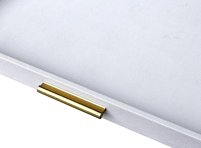 HofferRuffer Extra Large Square Serving Tray, Elegant Faux Leather Ottoman Tray with Gold Hardware Handles, Serve Tea, Coffee or Breakfast in Bed, 24 x 24 inches (White Shagreen)