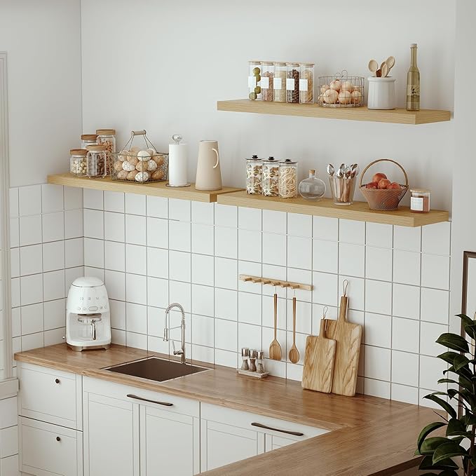 Vivelove Single Floating Shelves Oak 48 Inches, 48 x 10 inch Deep x 1.8 in Thick, Long Wall Shelves Heavy Duty 80 lbs for Bedroom, Living Room, Kitchen, Office, Modern Shelf Book Home Decor