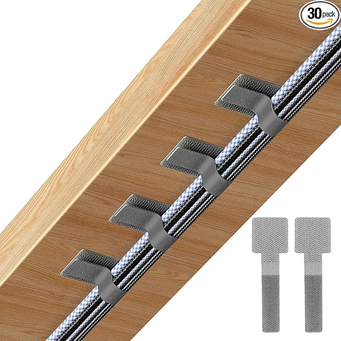Cord Organizer for Desk, Adhesive Cable Clips, Cable Management Clips, Hook and Loop Cable Ties, Wire Organizers for Cords, Suitable for Office and Home (30)