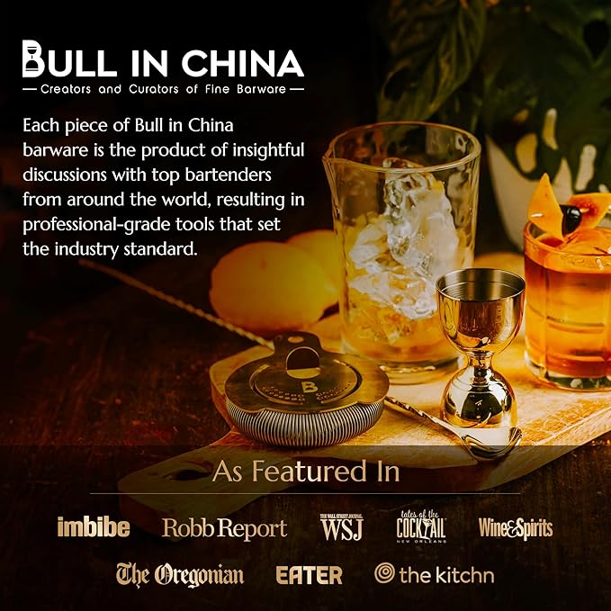4 Piece Cocktail Kit by Bull In China - Premium Bartender Gift Set Includes Flagship Mixing Glass, 12 inch Barspoon, Bell Jigger & Hawthorne Strainer For Professional & Home Bars (Copper)