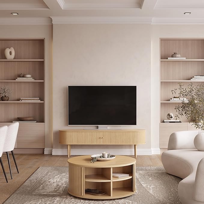 WERMO 35'' Round Coffee Table with Storage and Shelves - Round Center Table for Living Room and Office. Wood Mid Century Modern Coffee Tables for Living Room (Oak)