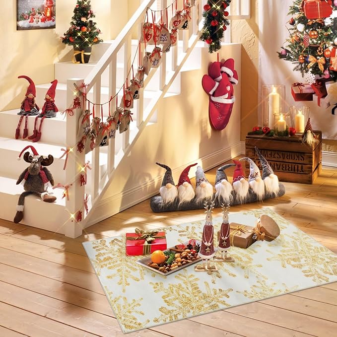 Lahome Snowflake Christmas Kitchen Rugs, 2x4 Christmas Entryway Rug Soft Non Slip Christmas Doormat Indoor, Small Rug Non-Slip Holiday Decor Washable Rugs for Bathroom Bedroom(2x4ft,Gold)