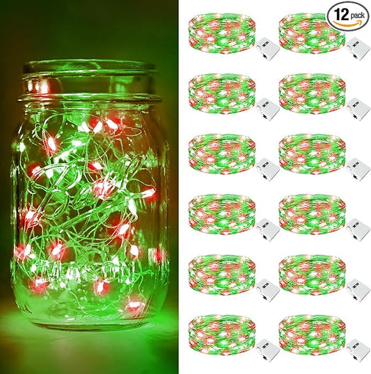 btfarm 12 Pack Fairy Lights Battery Operated [3 Modes], 7ft 20 Led Twinkle Lights String Lights Waterproof Bulk Small Mini Silver Wire for Christmas Mason Jars Wedding Table Centerpiece, Red Green
