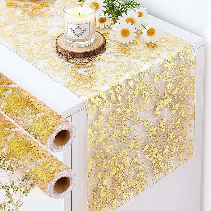 Gold Table Runner 11" x 9.8 ft (2 Rolls) – Sparkly Table Decorations, Sequin Glitter Foil Mesh Roll for Weddings, Christmas, Birthdays, Valentine’s Day, Holidays & DIY Projects
