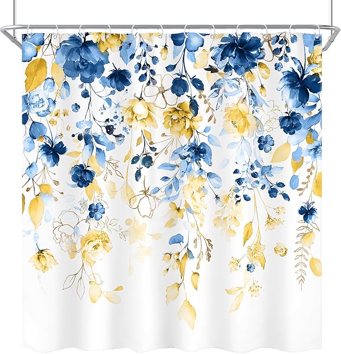 Blue and Yellow Floral Shower Curtain 72Wx72L Inch Watercolor Flower Eucalyptus Leaf Plant Gold Pastel Botanical Wildflower Bathroom Set Pretty Girls Bath Curtain Bathtub Accessories Home Decor