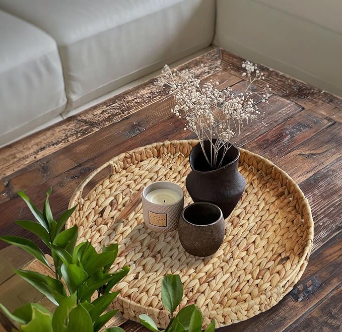 Extra Large Round Ottoman Table Tray with Handles - 19.7" Water Hyacinth Wicker Serving Tray for Farmhouse Decorative Oversized Coffee Table Trays Living Room Kitchen Counter Breakfast