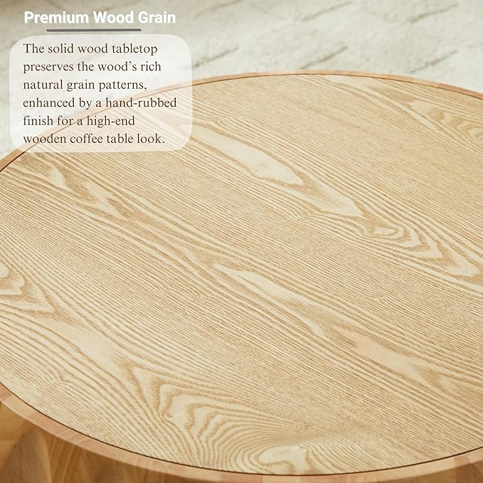 31.5" Round Wood Coffee Table - Mid Century Modern Solid Wood Coffee Tables with Fluted Design for Living Room, Small Space, Apartment