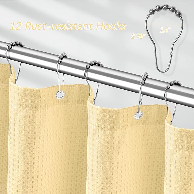 Beige Shower Curtain 256GSM Heavy Duty Waffle Woven Bathroom Shower Curtains, Weighted Fabric for Hotel Spa Luxury Polyester Bath Curtain with 12 Hooks, 72Wx72H