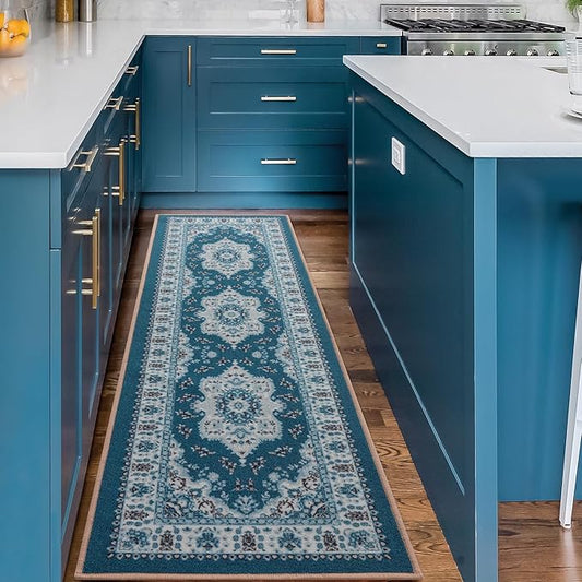 Antep Rugs Alfombras Oriental Traditional 2x5 Non-Skid (Non-Slip) Low Profile Pile Rubber Backing Kitchen Runner Rugs (Turquoise Blue, 2' x 5')