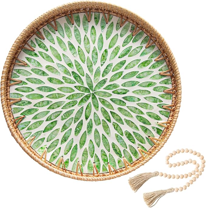 Round Rattan Tray Home Decor with Wood Bead Garland, 12'' Wicker Serving Tray with Mother of Pearl Inlay, Boho Decorative Tray for Coffee Table, Bathroom, Ottoman, Kitchen Table, Bathroom (Green)